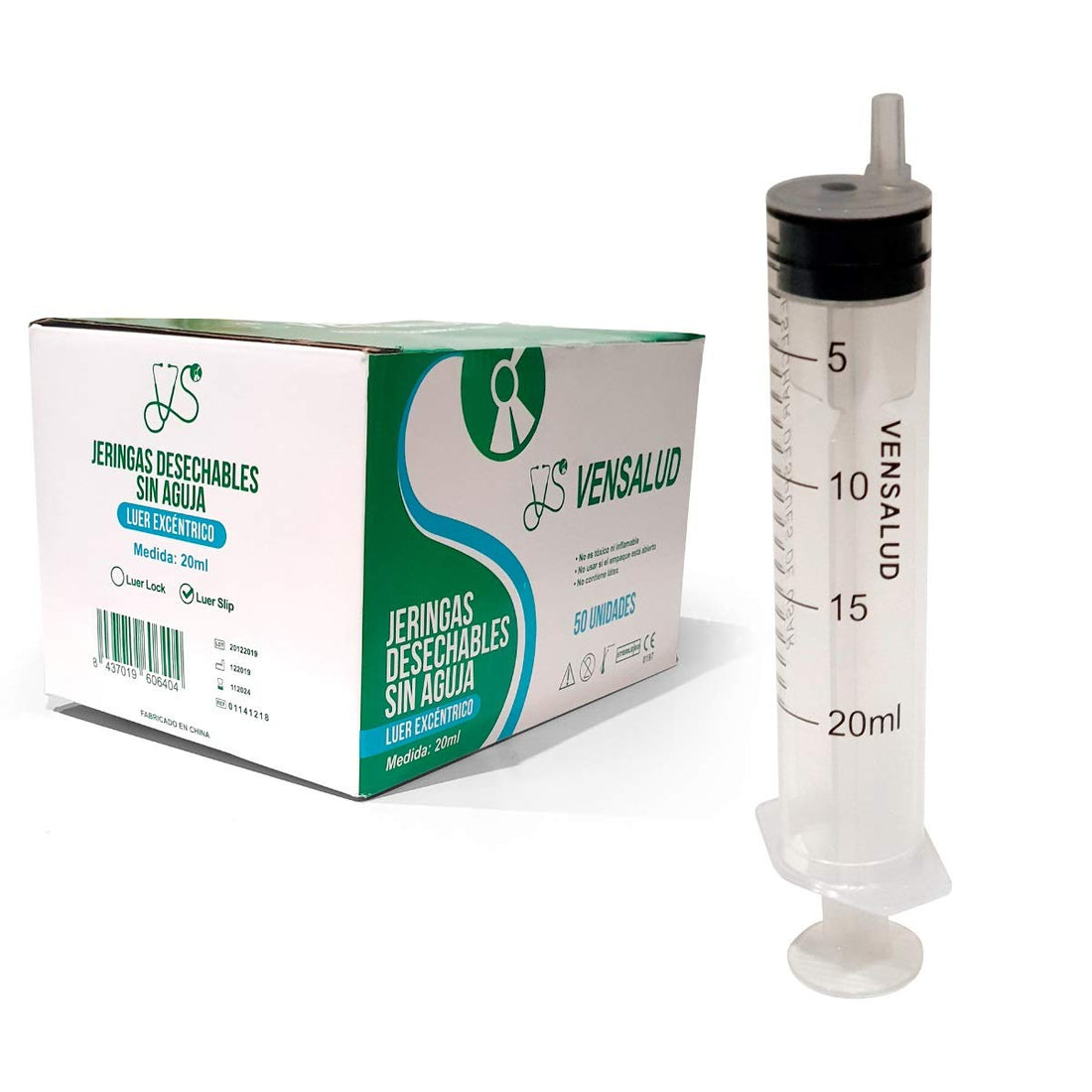 VENSALUDE | Seringa Descartável 20ml | Polipropileno | Luer Slip | Cone Excêntrico | Estéril | Sem látex | Pacote 50 | Para uso médico, laboratorial e veterinário