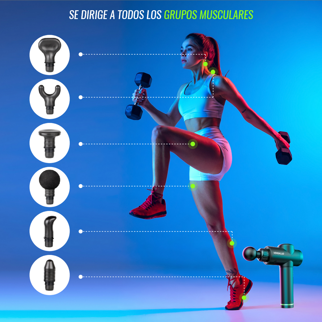 VENSALUDE | Pistola de massagem de percussão | 30 velocidades | 6 cabeças intercambiáveis | Motor Silencioso | Tela LCD | Bateria recarregável para alívio muscular