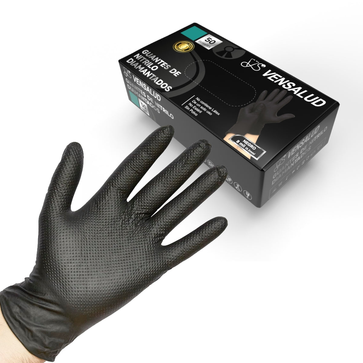 Guantes de Nitrilo Diamantados Negro VENSALUD | Protección Superior | Impermeables y Resistentes a Aceites | Ideal para Cocina, Jardinería y Talleres | 50 Unidades