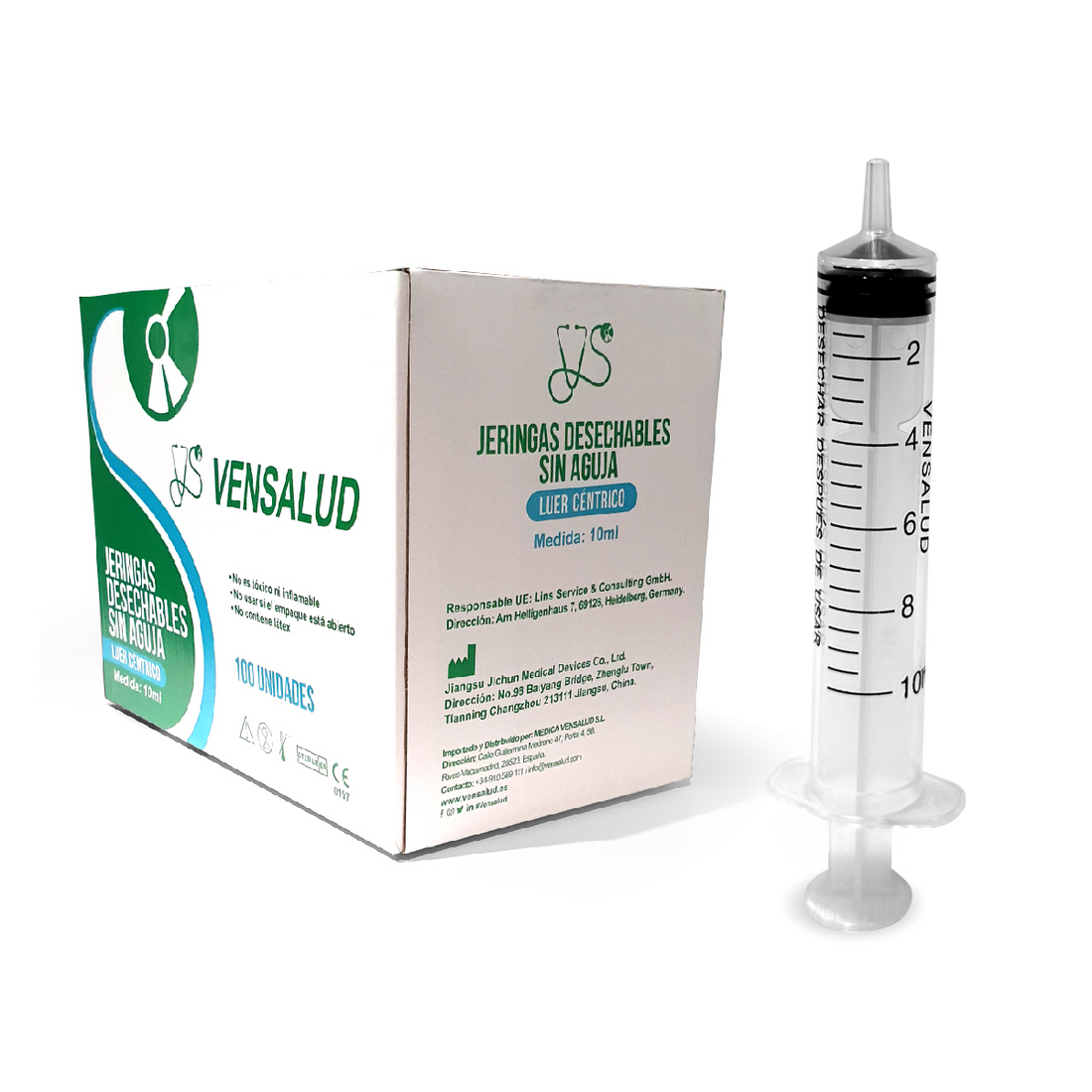 VENSALUD | Séringue Jetable 10ml | Polypropylène | Luer Slip | Stérile | Sans Latex | Pack de 100 | Pour Vétérinaire, Laboratoires et Cliniques